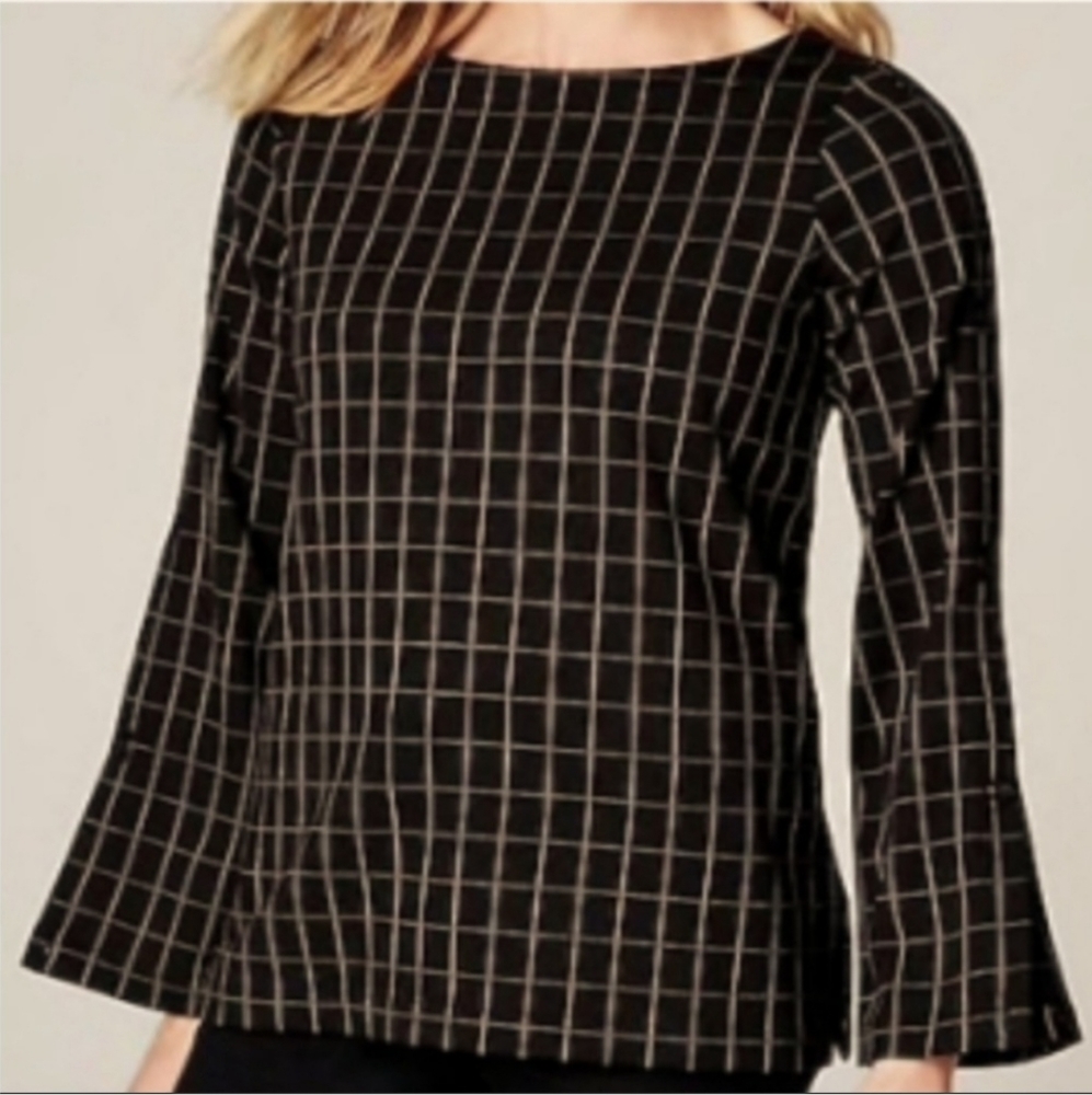 New J.Jill Ponte Knit Windowpane Plaid Check Boatneck Button Sleeve Top